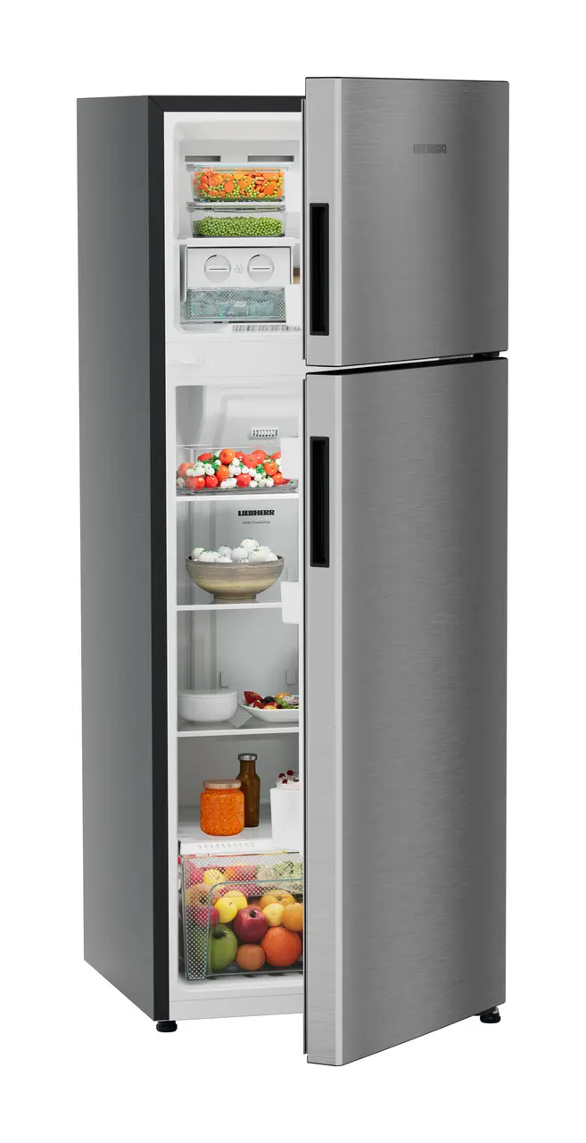 Product image, Perspective: oblique half-open decorated, Fridge-freezer with NoFrost, Casing colour: grey, Door colour: Silver Steel