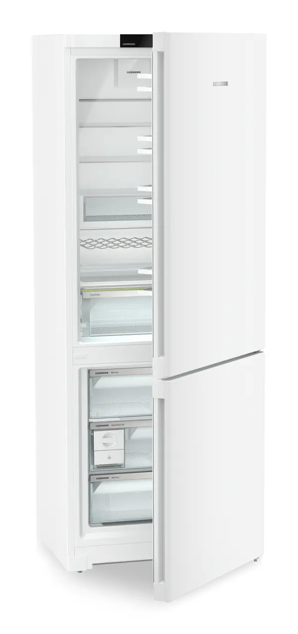 Product image, Perspective: oblique half-open empty, Combined fridge-freezers with EasyFresh and NoFrost, Casing colour: white, Door colour: white