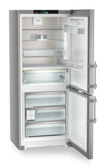 Product image, Perspective: oblique open empty, Fridge-freezer with BioFresh and NoFrost, Casing colour: silver, Door colour: stainless steel