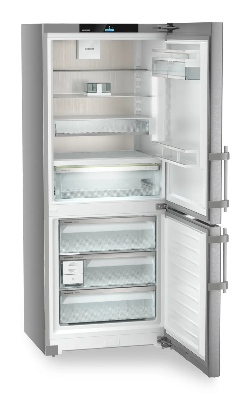 Product image, Perspective: oblique open empty, Fridge-freezer with BioFresh and NoFrost, Casing colour: silver, Door colour: stainless steel