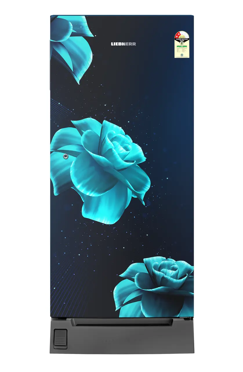 Product image, Perspective: straight closed, Single-door fridge 191 l in 2 star with foot pedal base drawer, Casing colour: blue, Door colour: Blue Divine