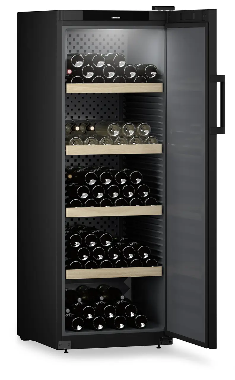 Product image, Perspective: oblique open decorated, Wine storage cabinet, Casing colour: black, Door colour: black