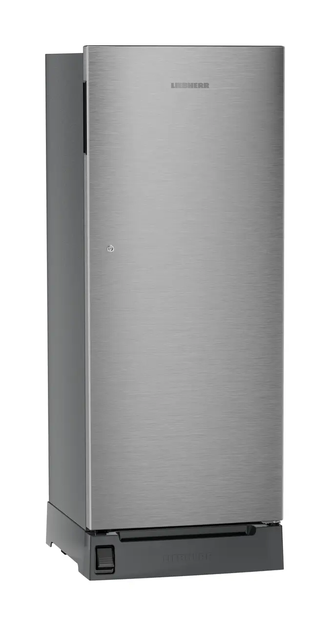 Product image, Perspective: oblique closed, Single-door refrigerator 222 l in 3 star with foot pedal base drawer, Casing colour: grey, Door colour: Silver Steel