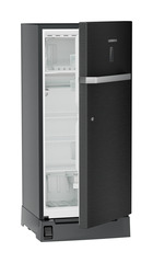 Product image, Perspective: oblique half-open empty, Single-door refrigerator 191 l with foot pedal base drawer and iCoolTouch UI, Casing colour: grey, Door colour: BlackSteel