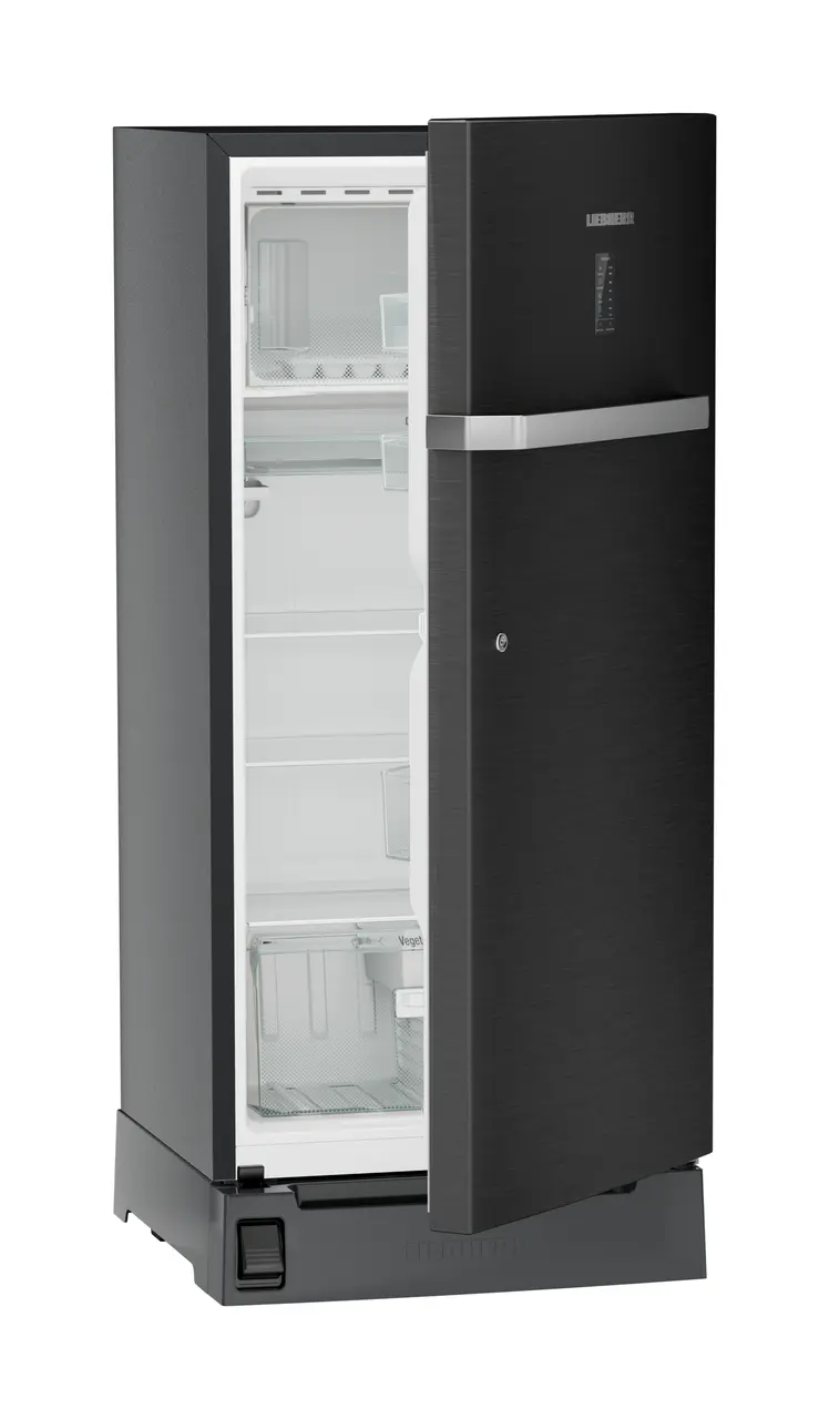 Product image, Perspective: oblique half-open empty, Single-door refrigerator 191 l with foot pedal base drawer and iCoolTouch UI, Casing colour: grey, Door colour: BlackSteel