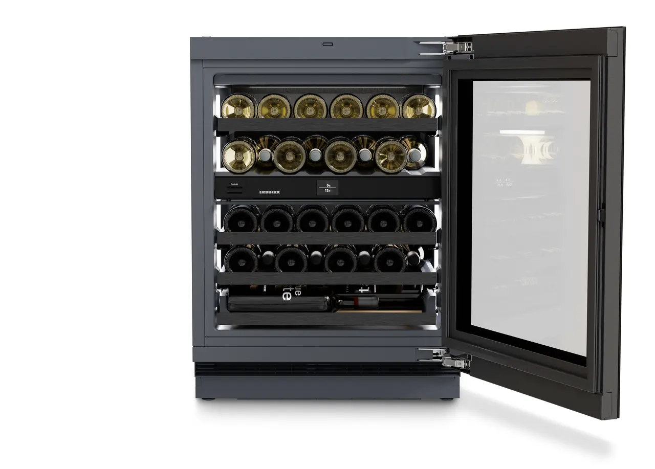 Product image, Perspective: straight open decorated, Wine fridge suitable for undercounter installation for wine tempering, Casing colour: Anthracite, Door colour: GlassBlack