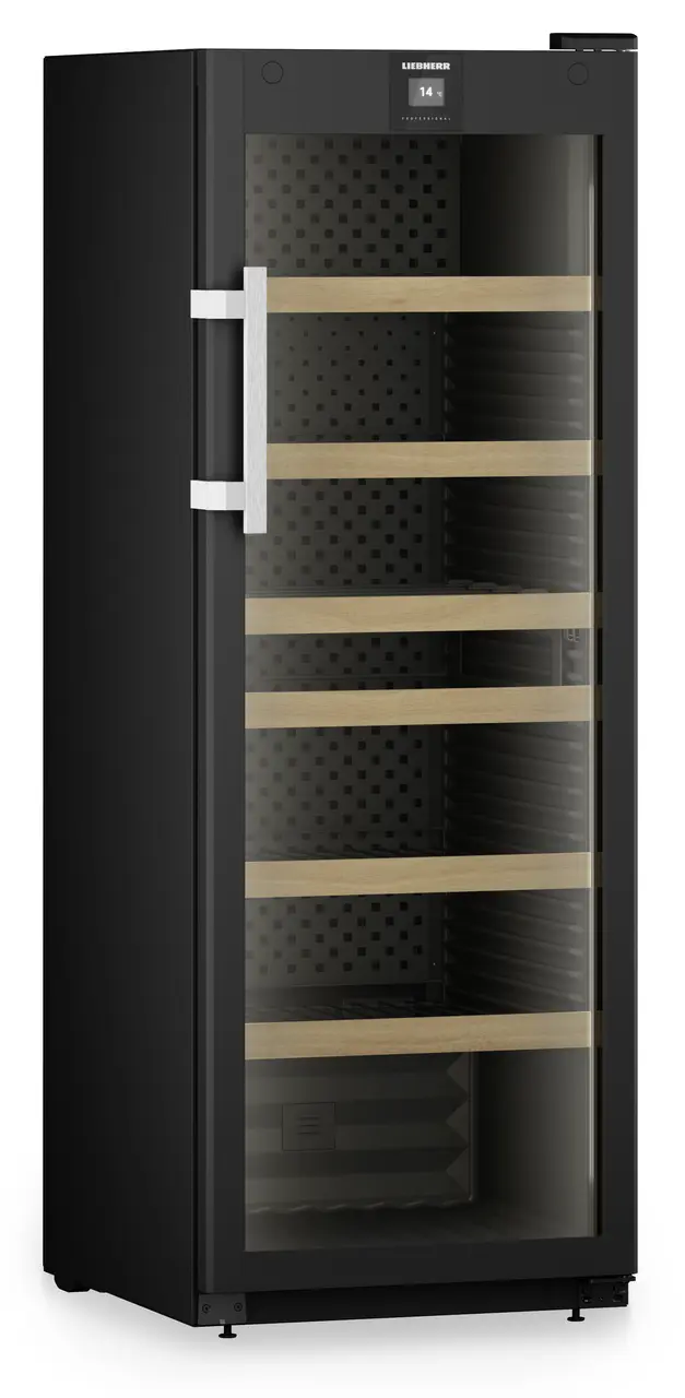 Produkt-Bild, Perspektive: schräg geschlossen leer, Weinschrank Professional, Gehäusefarbe: Schwarz, Türfarbe: Schwarz