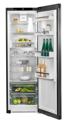 Product image, Perspective: straight open decorated, Freestanding fridge with EasyFresh, Casing colour: black, Door colour: BlackSteel