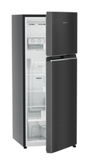 Product image, Perspective: oblique half-open empty, Fridge-freezer with NoFrost, Casing colour: grey, Door colour: BlackSteel