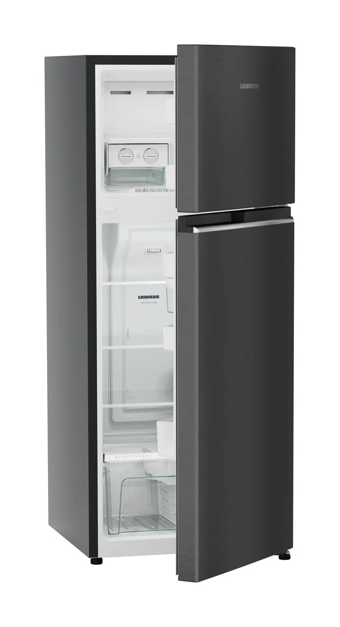 Product image, Perspective: oblique half-open empty, Fridge-freezer with NoFrost, Casing colour: grey, Door colour: BlackSteel