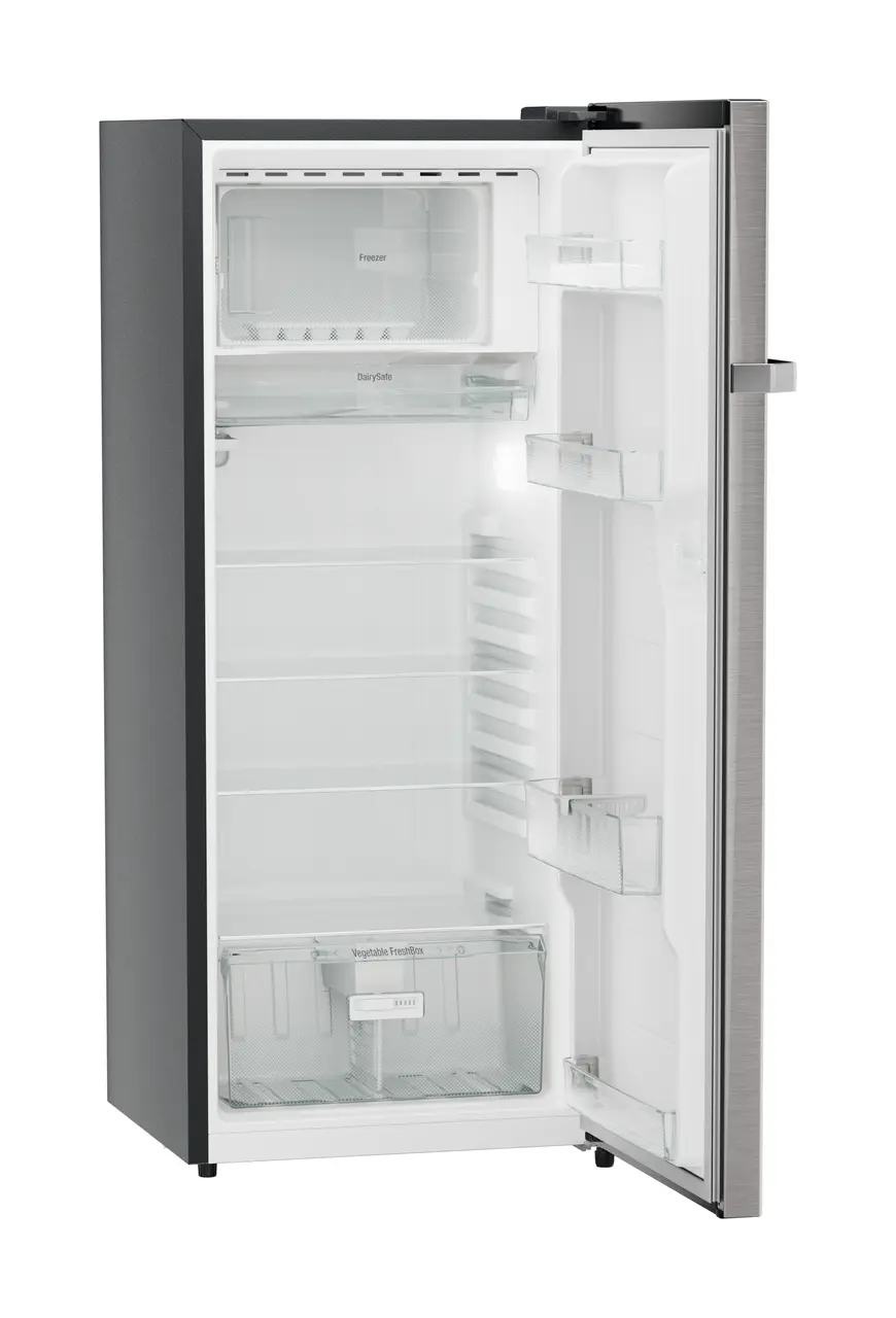 Product image, Perspective: oblique open empty, Single-door refrigerator 222 l in 4 star with iCoolTouch UI, Casing colour: grey, Door colour: Stainless Steel