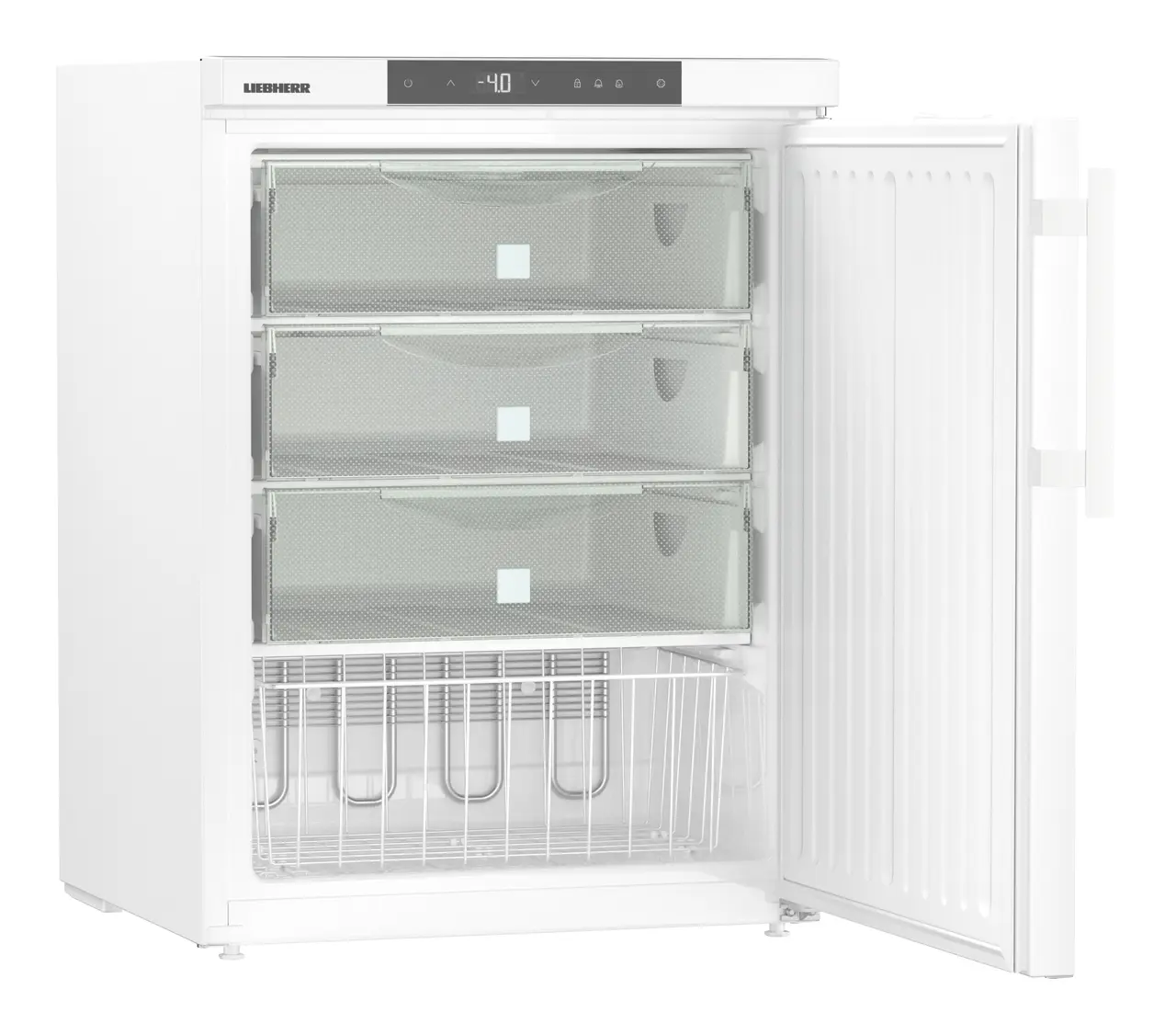 Product image, Perspective: oblique open empty, Lab freezer with Comfort electronic controller, Casing colour: white