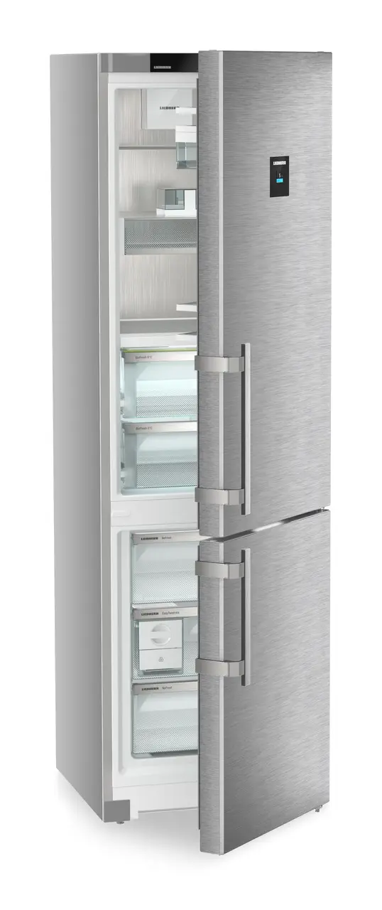 Изображение продукции, Перспектива: Под углом, с полуоткрытой дверцей, без продуктов, Двухкамерный холодильник с функциями BioFresh и NoFrost, Цвет корпуса: серебристый, Цвет дверцы: нержавеющая сталь