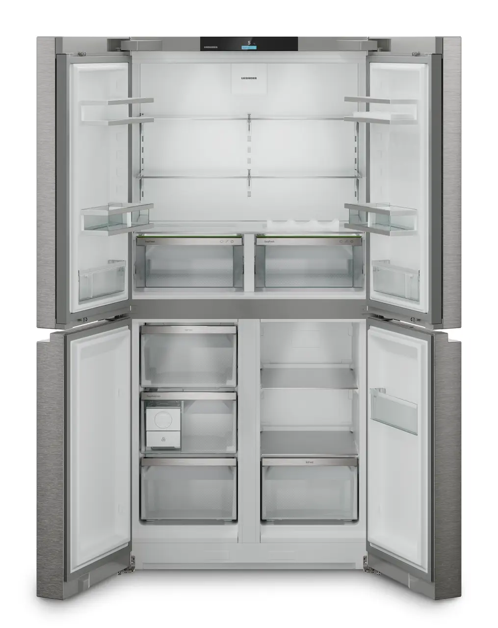 Produkt-Bild, Perspektive: gerade offen leer, 4-türige French-Door-Kühl-Gefrierkombination mit EasyTwist-Ice, Gehäusefarbe: Silver, Türfarbe: Edelstahl