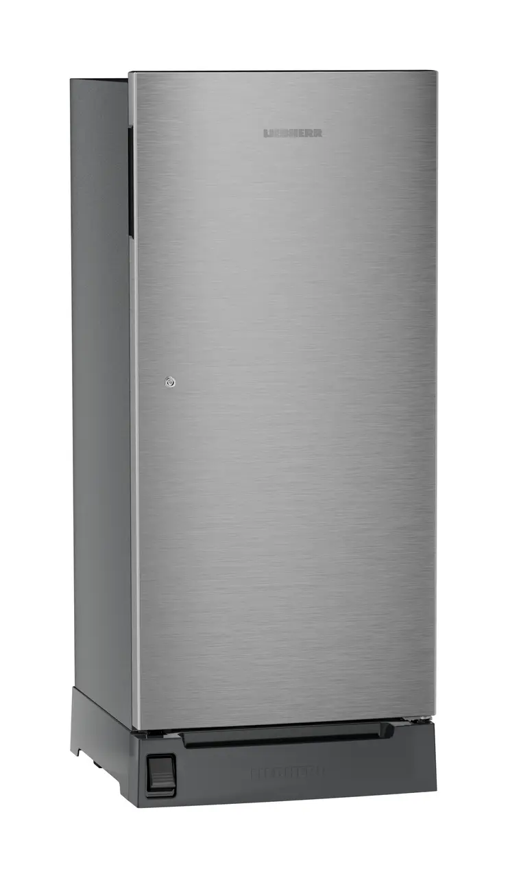 Product image, Perspective: oblique closed, Single-door refrigerator 191 l in 3 star with foot pedal base drawer, Casing colour: grey, Door colour: Silver Steel