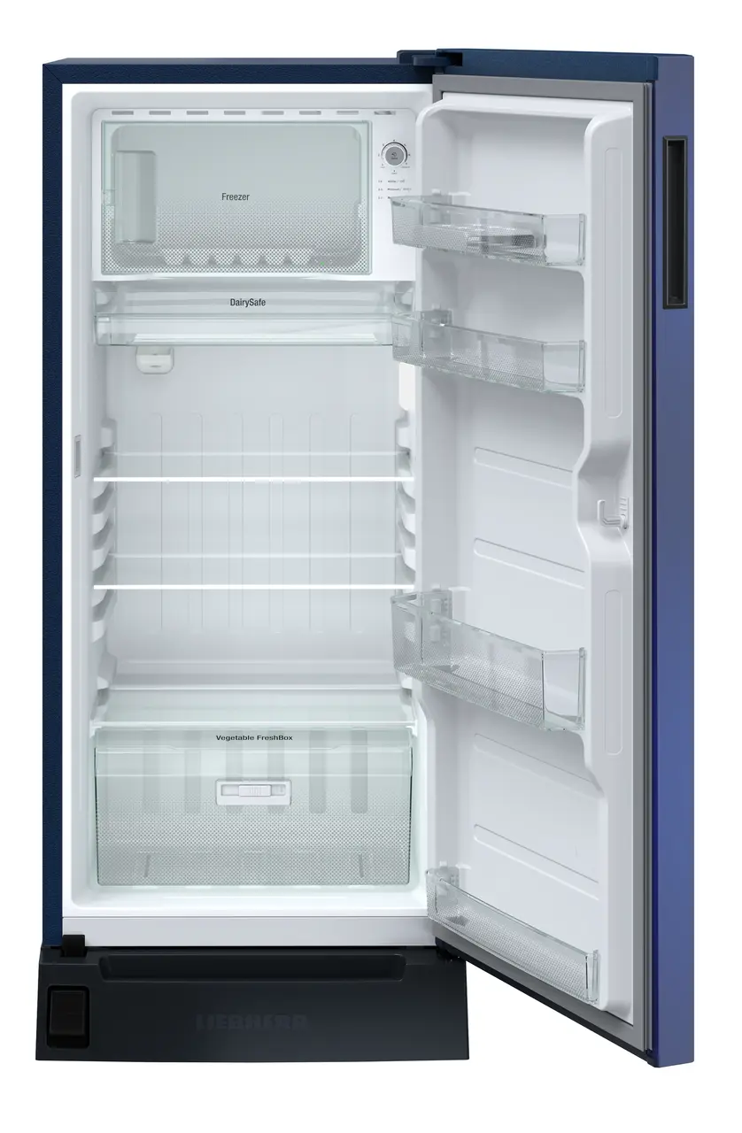 Product image, Perspective: straight open empty, Single-door refrigerator 191 l in 3 star with foot pedal base drawer, Casing colour: blue, Door colour: Blue Hibiskus