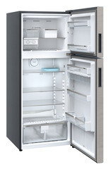 Product image, Perspective: oblique open empty, Fridge-freezer with NoFrost, Casing colour: grey, Door colour: Stainless Steel