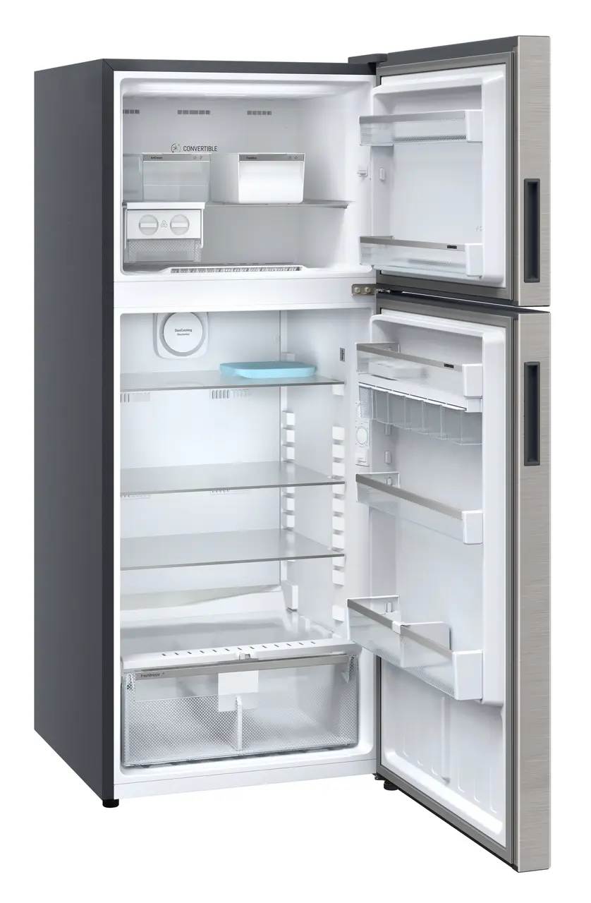 Product image, Perspective: oblique open empty, Fridge-freezer with NoFrost, Casing colour: grey, Door colour: Stainless Steel