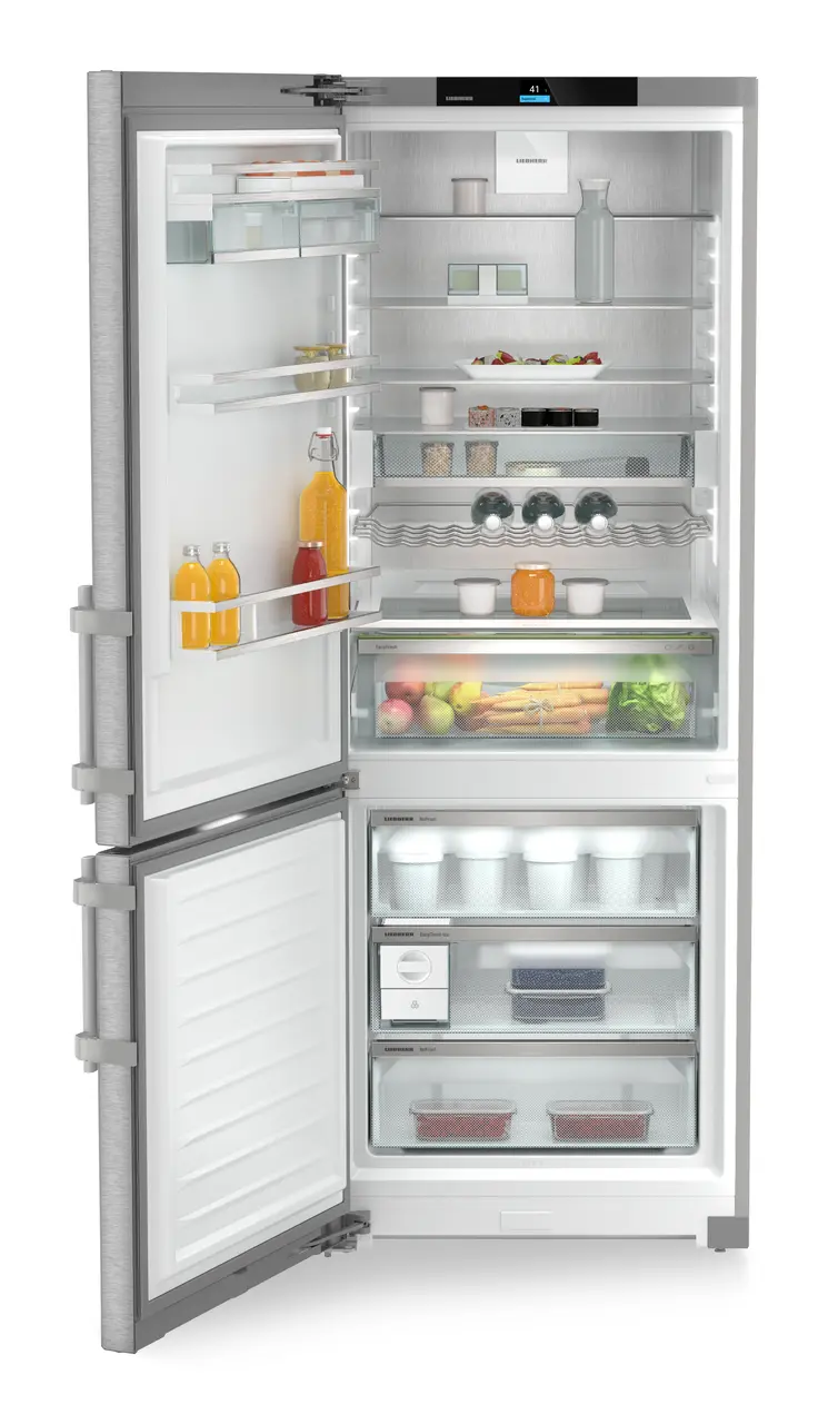 Product image, Perspective: straight open decorated, Combined fridge-freezers with EasyFresh and NoFrost, Casing colour: silver, Door colour: stainless steel