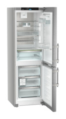 Product image, Perspective: oblique open empty, Combined fridge-freezers with EasyFresh and NoFrost, Casing colour: silver, Door colour: stainless steel