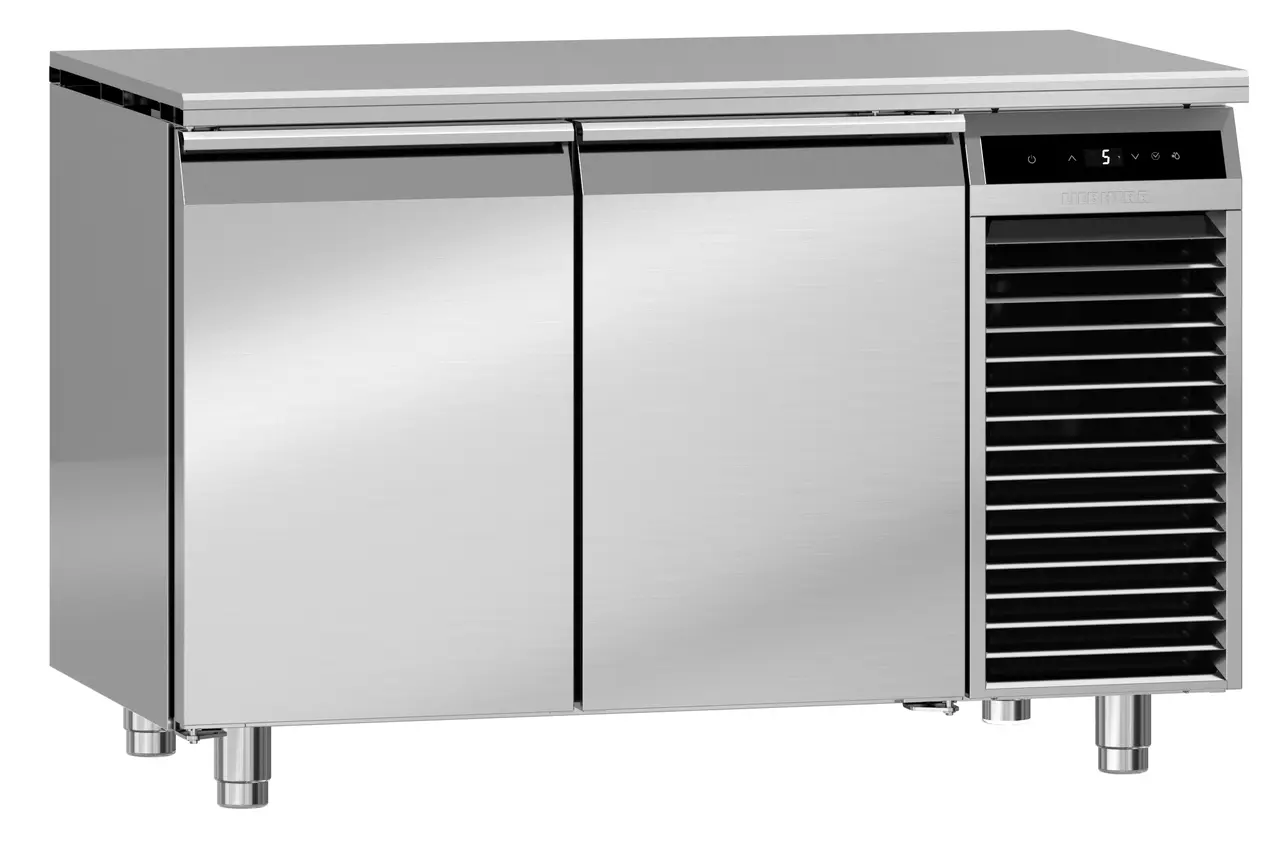 Image de produit, Perspective: Oblique fermé, Table réfrigérée avec réfrigération dynamique, Couleur de l’habillage: acier inox, Couleur de porte: acier inox