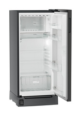 Product image, Perspective: oblique open empty, Single-door refrigerator 191 l in 3 star with foot pedal base drawer, Casing colour: grey, Door colour: Black Gloss