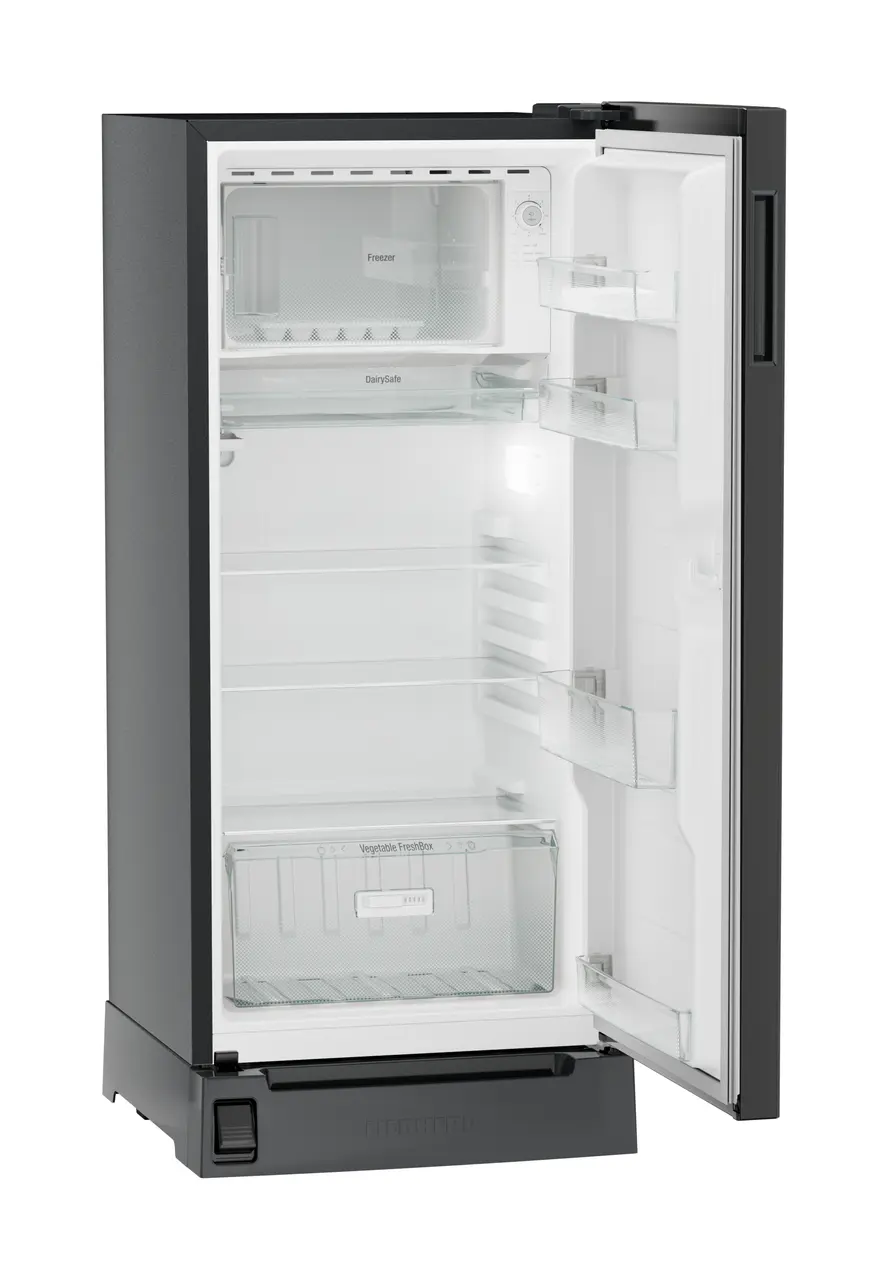 Product image, Perspective: oblique open empty, Single-door refrigerator 191 l in 3 star with foot pedal base drawer, Casing colour: grey, Door colour: Black Gloss
