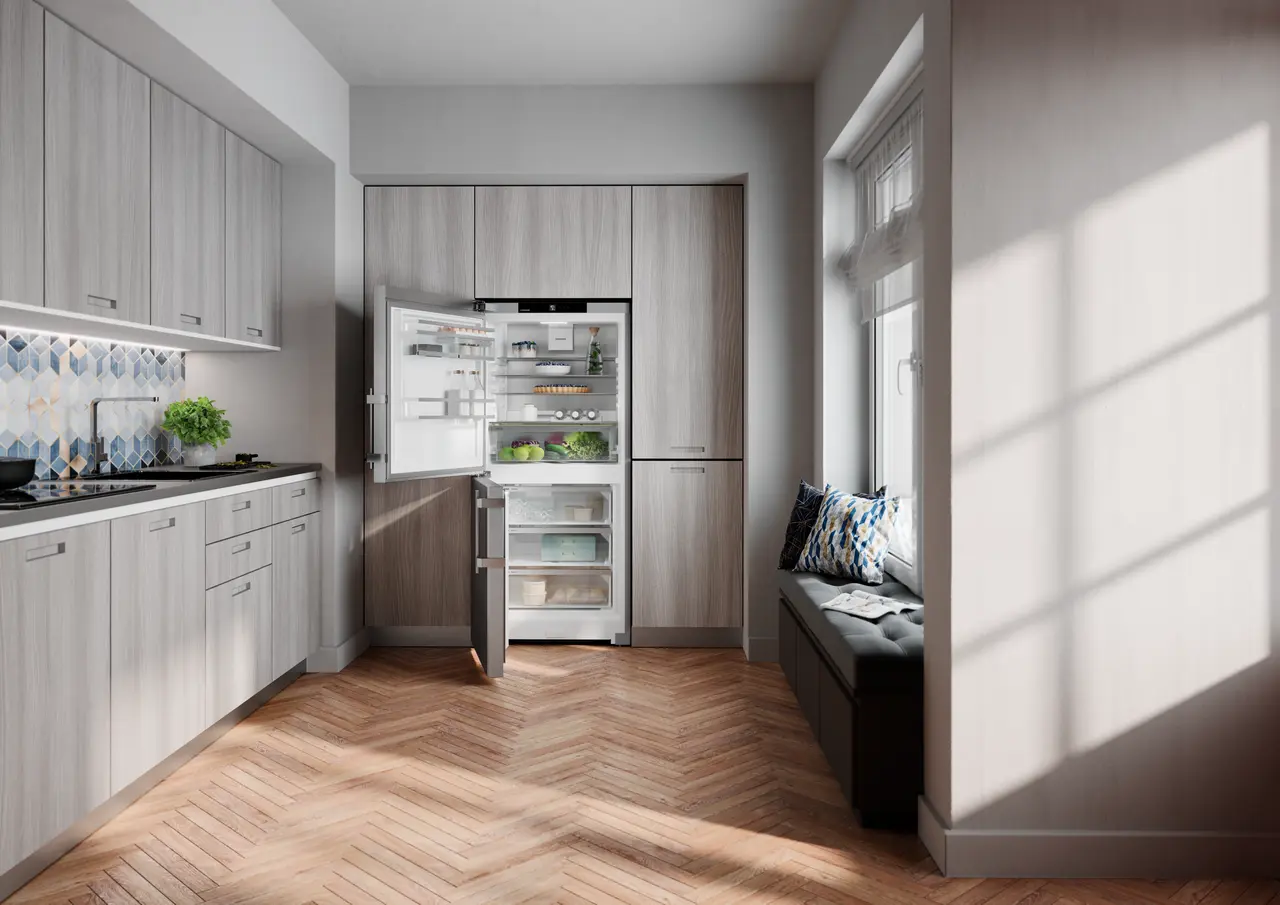 Product image, Perspective: milieu, Combined fridge-freezers with EasyFresh and NoFrost, Casing colour: silver, Door colour: stainless steel