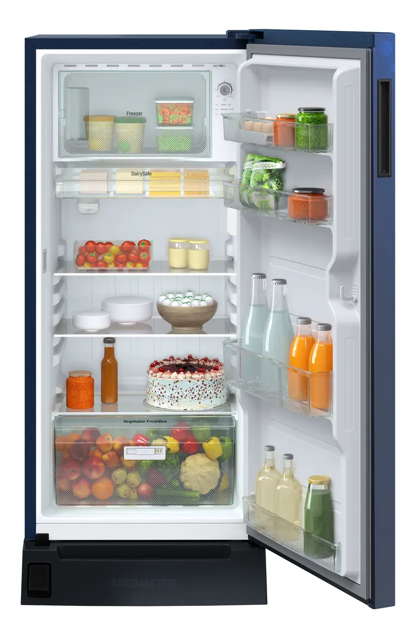 Product image, Perspective: straight open decorated, Single-door refrigerator 222 l in 5 star with foot pedal base drawer, Casing colour: blue, Door colour: Blue Rosette