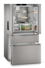 Product image, Perspective: oblique open decorated, French door fridge-freezer with 2 freezer drawers and water and ice cube dispenser, Casing colour: silver, Door colour: stainless steel