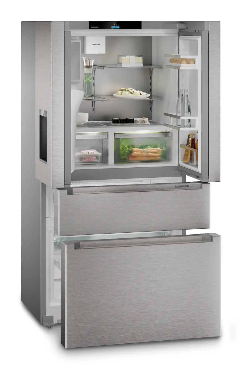 Product image, Perspective: oblique open decorated, French door fridge-freezer with 2 freezer drawers and water and ice cube dispenser, Casing colour: silver, Door colour: stainless steel