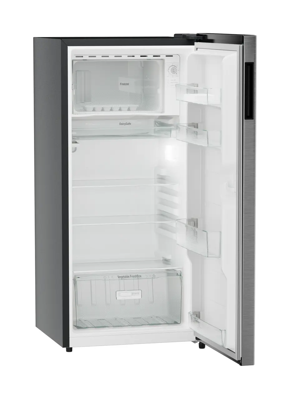 Product image, Perspective: oblique open empty, Single-door refrigerator 191 l in 5 star with inverter compressor, Casing colour: grey, Door colour: Silver Steel