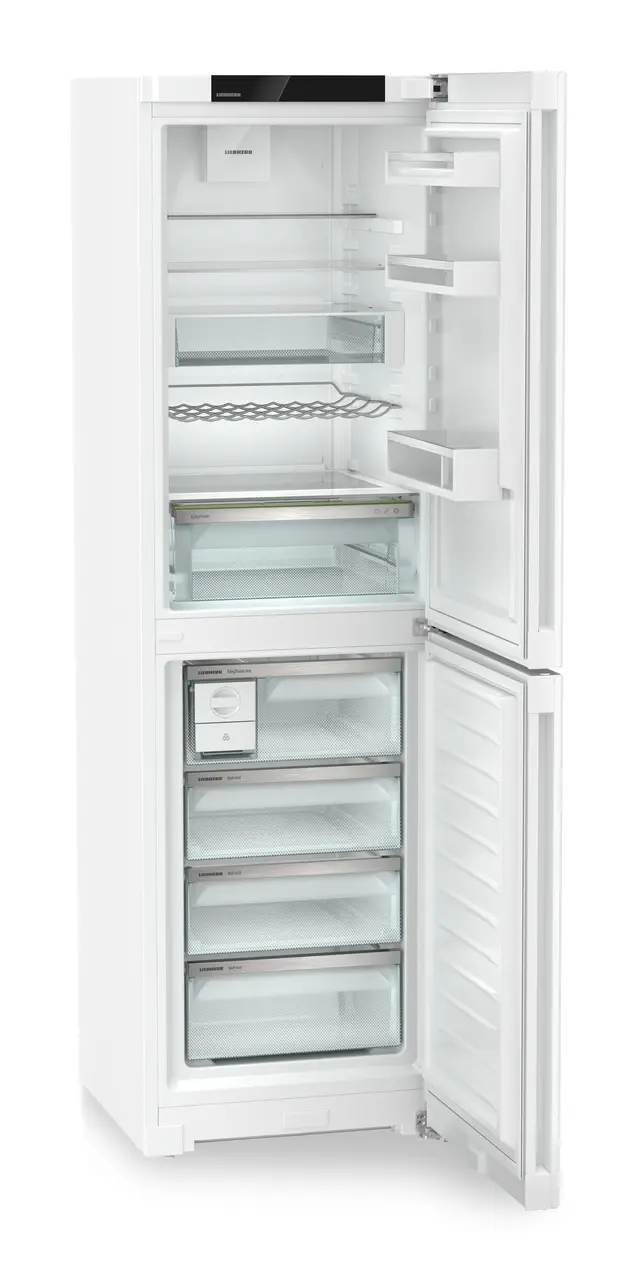 Produktbillede, Perspektiv: Skrå åben tom, Køle-frysekombination med EasyFresh og NoFrost, Kabinetfarve: Hvid, Dørfarve: Hvid