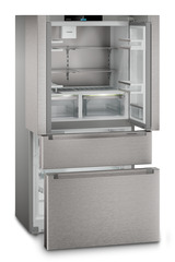 Product image, Perspective: oblique open empty, French Door fridge-freezer with 2 freezer drawers and IceMaker and InfinitySpring, Casing colour: silver, Door colour: stainless steel