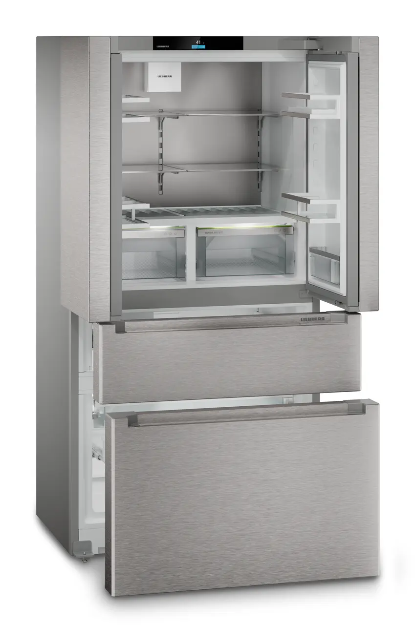 Product image, Perspective: oblique open empty, French Door fridge-freezer with 2 freezer drawers and IceMaker and InfinitySpring, Casing colour: silver, Door colour: stainless steel