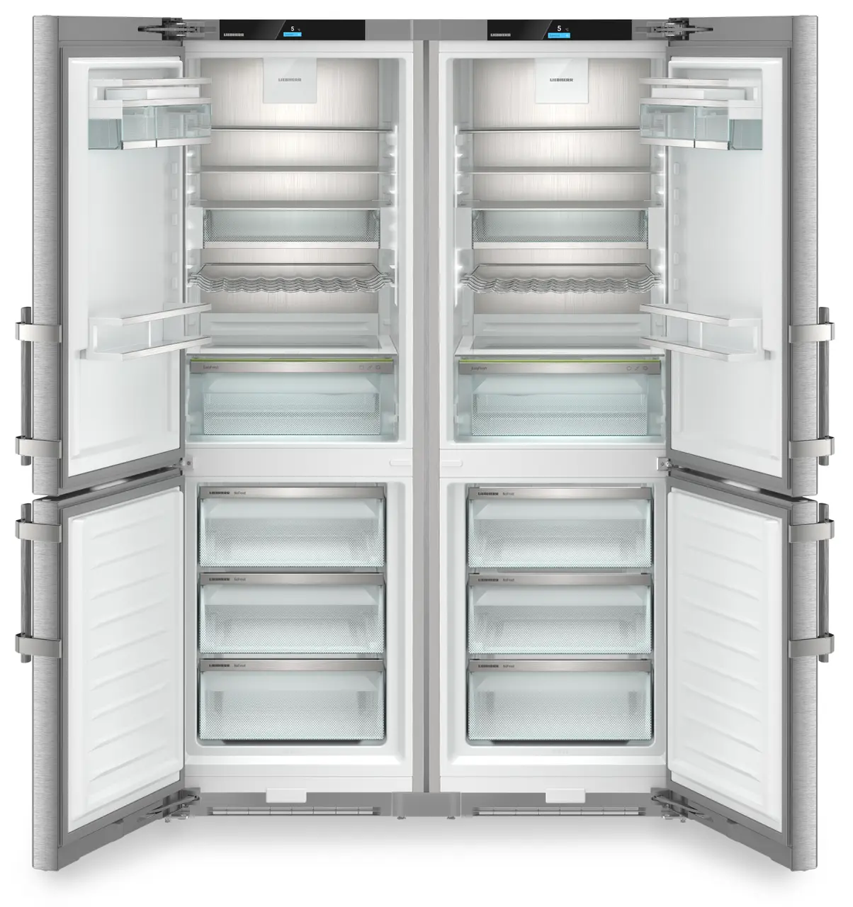 Product image, Perspective: straight open empty, Side-by-Side combination, Casing colour: silver, Door colour: stainless steel