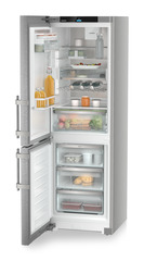 Product image, Perspective: oblique open decorated, Combined fridge-freezers with EasyFresh and NoFrost, Casing colour: silver, Door colour: stainless steel