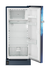 Product image, Perspective: straight open empty, Single-door refrigerator 191 l with foot pedal base drawer and iCoolTouch UI, Casing colour: blue, Door colour: Blue Mystiq