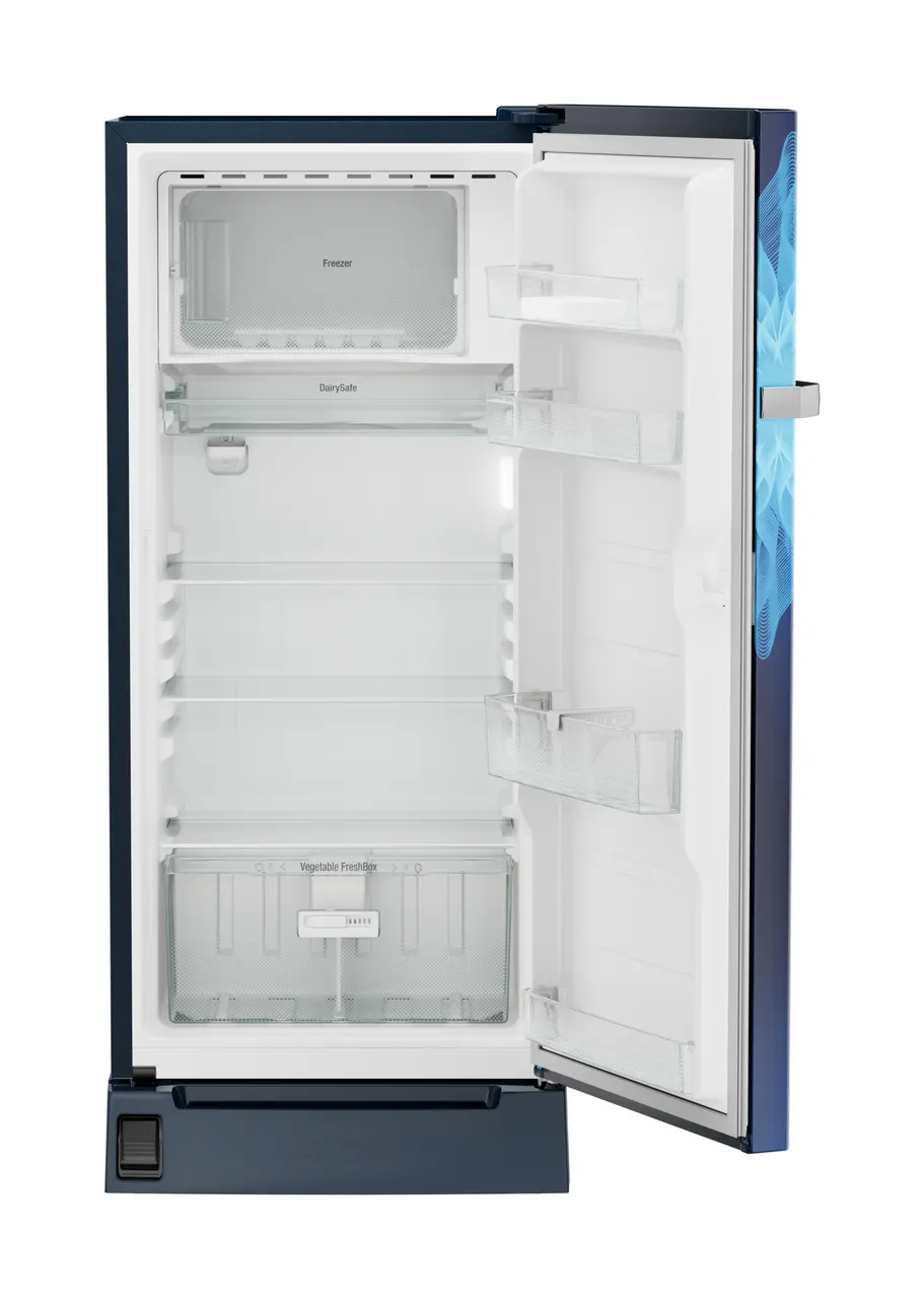 Product image, Perspective: straight open empty, Single-door refrigerator 191 l with foot pedal base drawer and iCoolTouch UI, Casing colour: blue, Door colour: Blue Mystiq