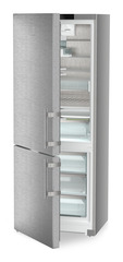 Product image, Perspective: oblique half-open empty, Combined fridge-freezers with EasyFresh and NoFrost, Casing colour: silver, Door colour: stainless steel
