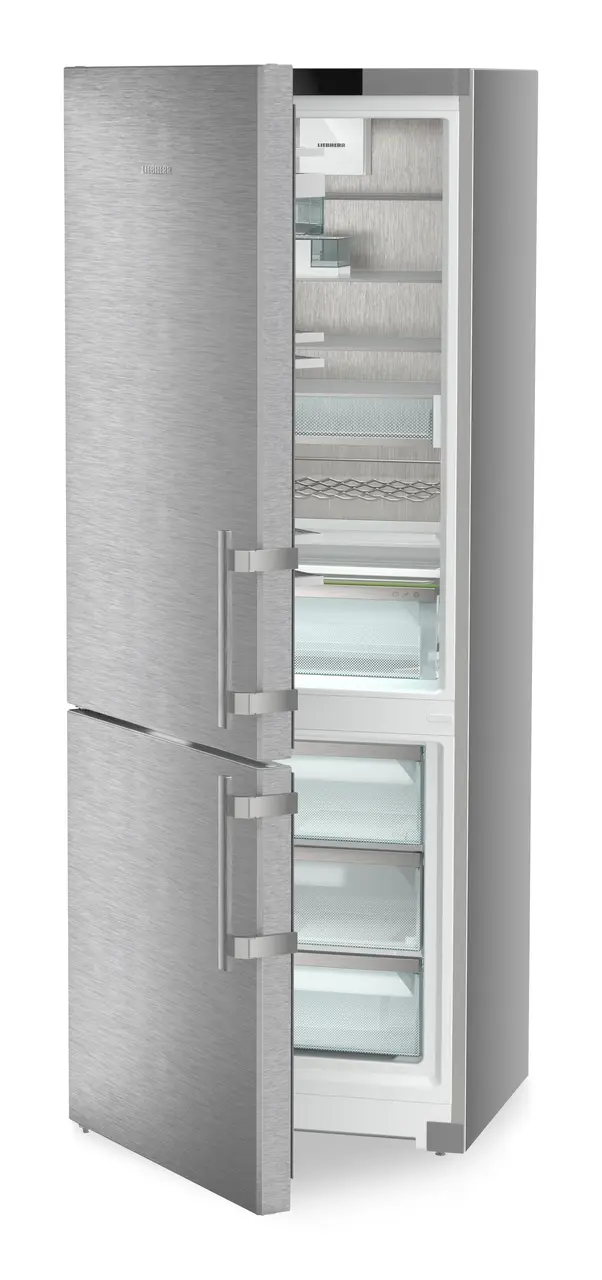 Product image, Perspective: oblique half-open empty, Combined fridge-freezers with EasyFresh and NoFrost, Casing colour: silver, Door colour: stainless steel