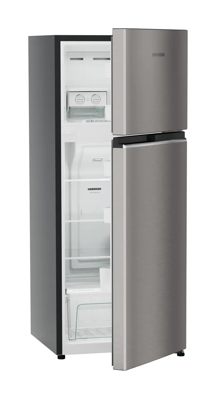 Product image, Perspective: oblique half-open empty, Fridge-freezer with NoFrost, Casing colour: grey, Door colour: Grey Steel