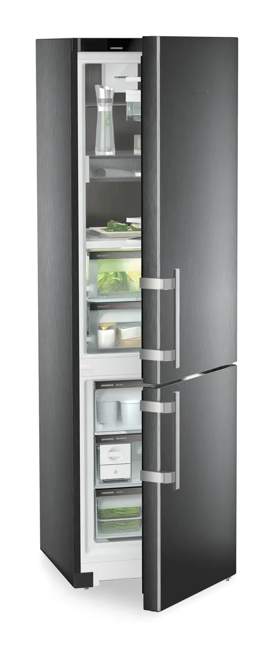 Product image, Perspective: oblique half-open decorated, Fridge-freezer with BioFresh and NoFrost, Casing colour: BlackSteel, Door colour: BlackSteel
