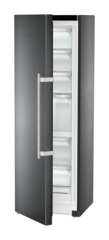 Product image, Perspective: oblique half-open empty, Freestanding freezer with NoFrost and IceTower, Casing colour: BlackSteel, Door colour: BlackSteel