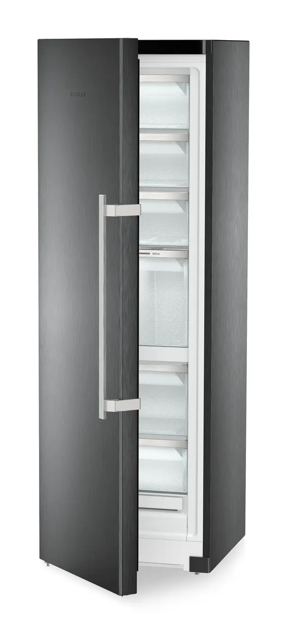 Product image, Perspective: oblique half-open empty, Freestanding freezer with NoFrost and IceTower, Casing colour: BlackSteel, Door colour: BlackSteel