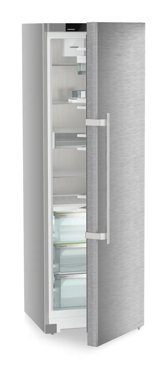 Product image, Perspective: oblique half-open empty, Refrigerator with BioFresh, Casing colour: silver, Door colour: stainless steel