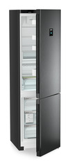 Product image, Perspective: oblique half-open empty, Combined fridge-freezers with EasyFresh and NoFrost, Casing colour: black, Door colour: BlackSteel