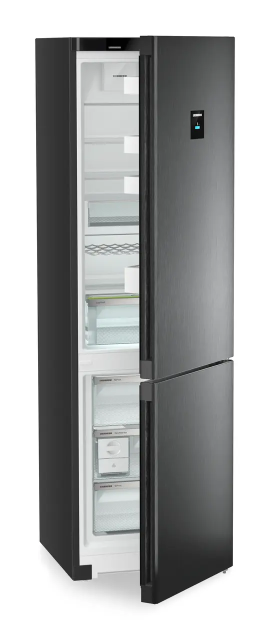 Product image, Perspective: oblique half-open empty, Combined fridge-freezers with EasyFresh and NoFrost, Casing colour: black, Door colour: BlackSteel