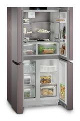 Produkt-Bild, Perspektive: schräg offen dekoriert, 4-türige French-Door-Kühl-Gefrierkombination mit IceMaker, Gehäusefarbe: TerraSteel, Türfarbe: TerraSteel