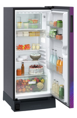 Product image, Perspective: oblique open decorated, Single-door refrigerator 191 l in 3 star with foot pedal base drawer, Casing colour: grey, Door colour: Purple Strings